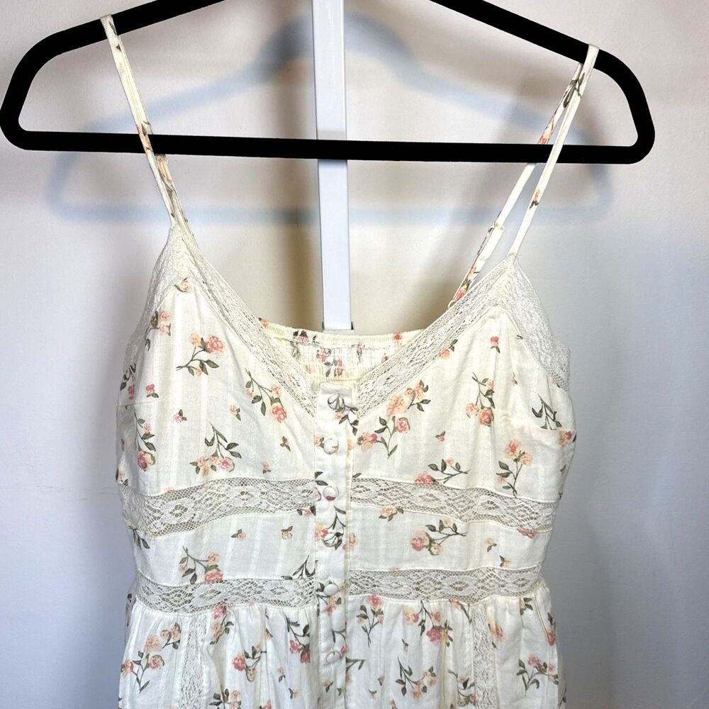Floral Babydoll Maxi Dress Button Front Lace Ruffle Cottagecore Lined Stretch Ba - Picture 4 of 10